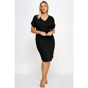 Plus Size Smocked V-Neck Shirt Tail Dress - Black