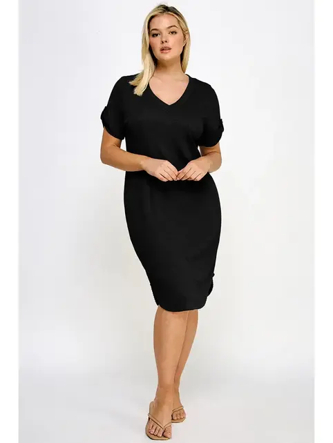 Plus Size Smocked V-Neck Shirt Tail Dress - Black