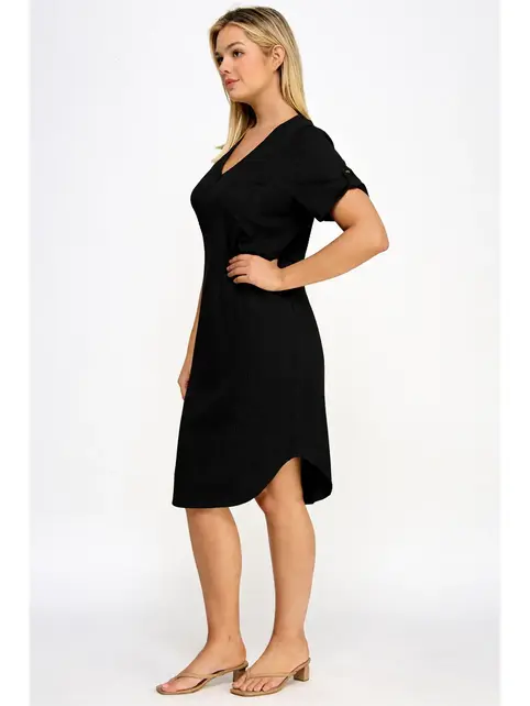 Plus Size Smocked V-Neck Shirt Tail Dress - Black