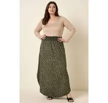 Plus Leopard Print Maxi Skirt - Olive