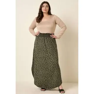 Plus Leopard Print Maxi Skirt - Olive