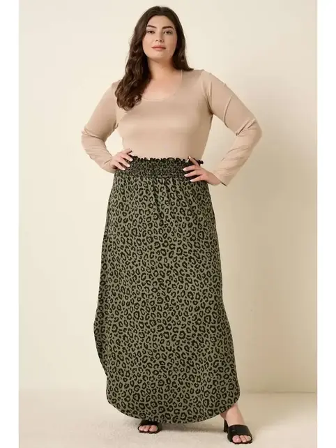 Plus Leopard Print Maxi Skirt - Olive