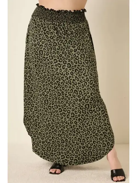 Plus Leopard Print Maxi Skirt - Olive