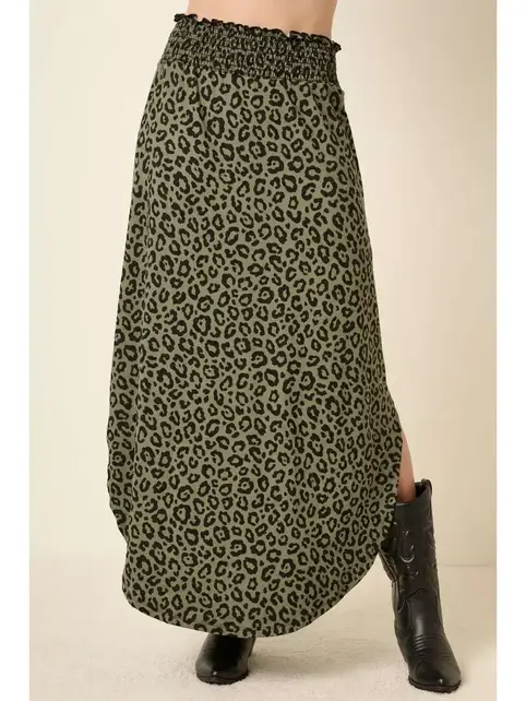 Leopard Print Maxi Skirt - Olive