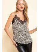 Animal Print Spaghetti Strap Lace Top - Sand