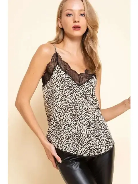 Animal Print Spaghetti Strap Lace Top - Sand