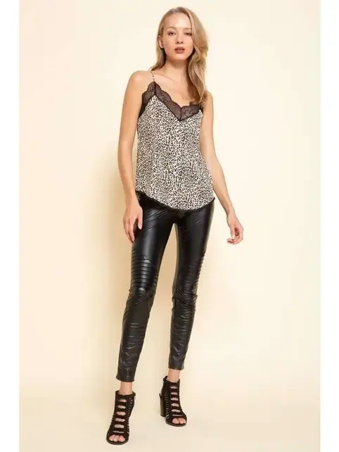 Animal Print Spaghetti Strap Lace Top - Sand