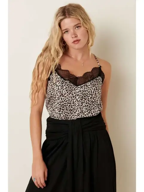 Animal Print Spaghetti Strap Lace Top - Sand