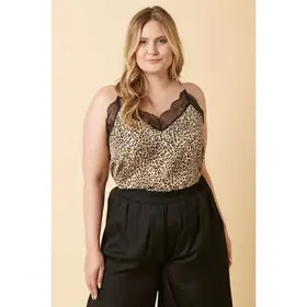 Plus  Animal Print Spaghetti Strap Lace Top - Sand