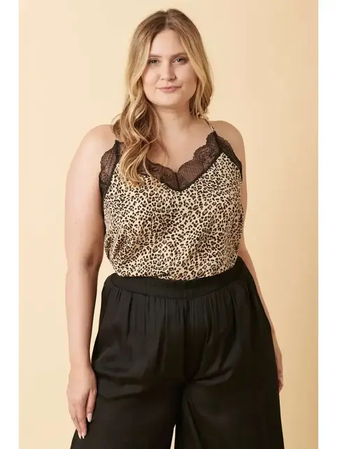 Plus  Animal Print Spaghetti Strap Lace Top - Sand