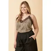 Plus  Animal Print Spaghetti Strap Lace Top - Sand