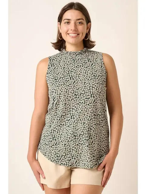 PLUS Flower Print Ruffle Top - Green