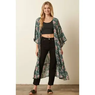 Flower Print Maxi Duster - Jade