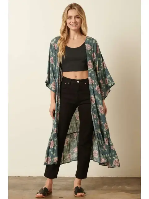 Flower Print Maxi Duster - Jade