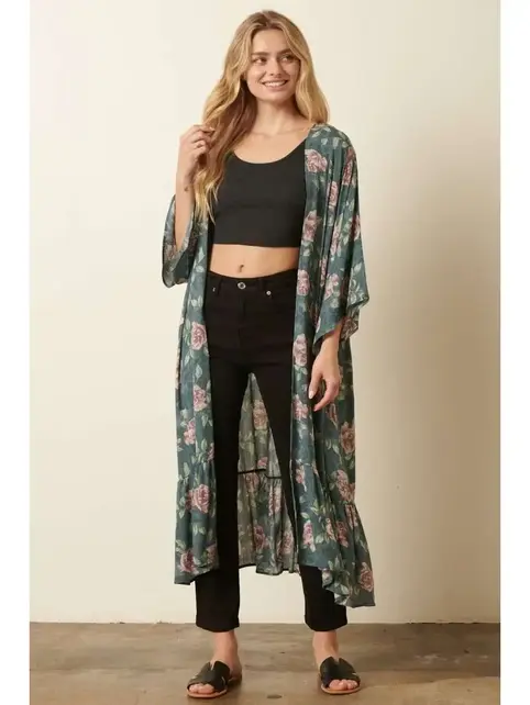 Flower Print Maxi Duster - Jade