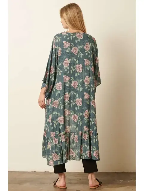 Flower Print Maxi Duster - Jade