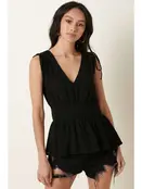 V Neck Peplum Sleeveless Blouse - Black