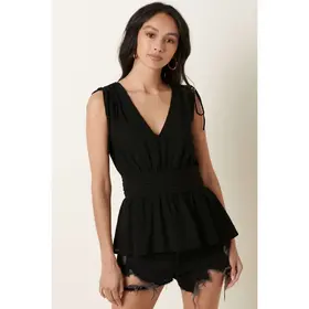V Neck Peplum Sleeveless Blouse - Black