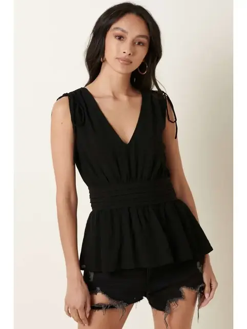 V Neck Peplum Sleeveless Blouse - Black