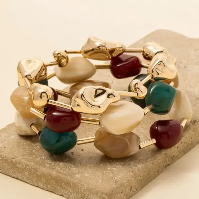 Irregular Metallic and Acrylic Beaded Bracelet Set - Green