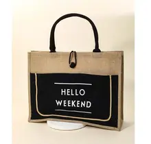 Hello Weekend Burlap Tote Bag - Black