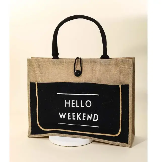 Hello Weekend Burlap Tote Bag - Black