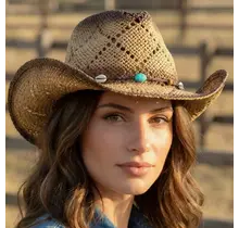 Cowrie Shell Straw Cowboy Hat - Khaki
