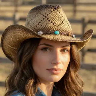 Cowrie Shell Straw Cowboy Hat - Khaki
