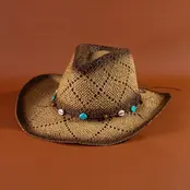 Cowrie Shell Straw Cowboy Hat - Khaki