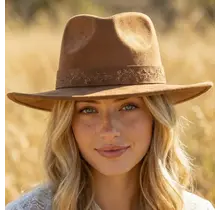 Embroidered Flower Strap Fedora Hat - Brown