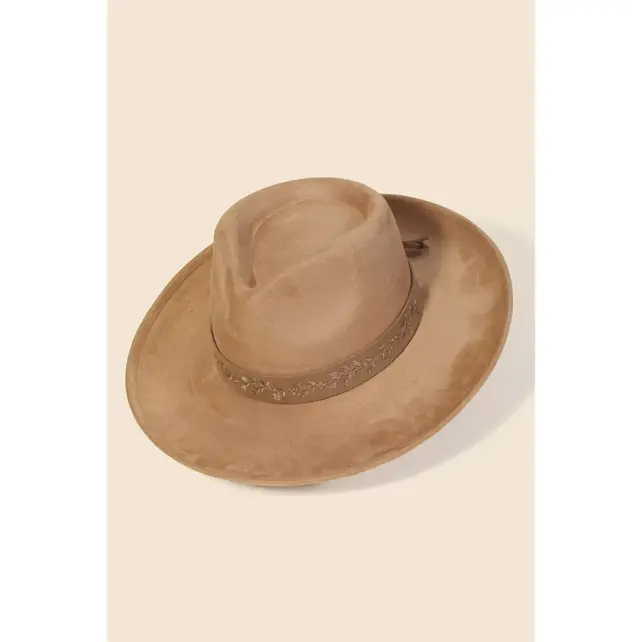 Embroidered Flower Strap Fedora Hat - Brown