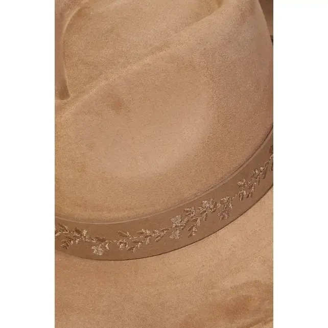 Embroidered Flower Strap Fedora Hat - Brown