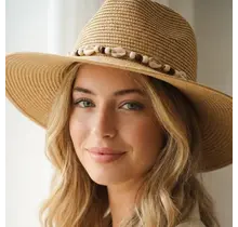 Beaded Cowrie Shell Straw Cowboy Hat - Khaki