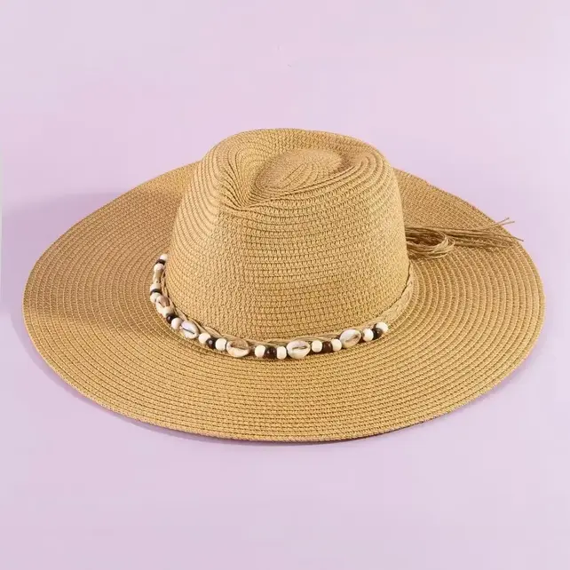Beaded Cowrie Shell Straw Cowboy Hat - Khaki