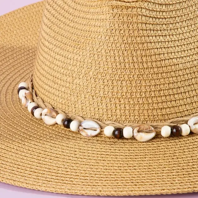 Beaded Cowrie Shell Straw Cowboy Hat - Khaki