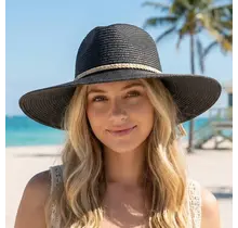 Straw Wide Brim Braided Band Fedora Hat - Black