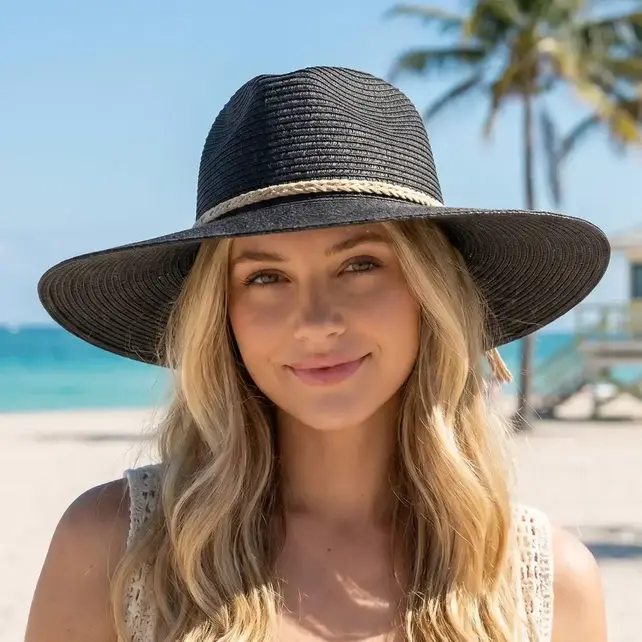 Straw Wide Brim Braided Band Fedora Hat - Black