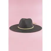 Straw Wide Brim Braided Band Fedora Hat - Black
