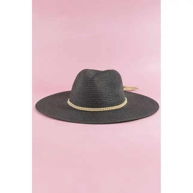 Straw Wide Brim Braided Band Fedora Hat - Black