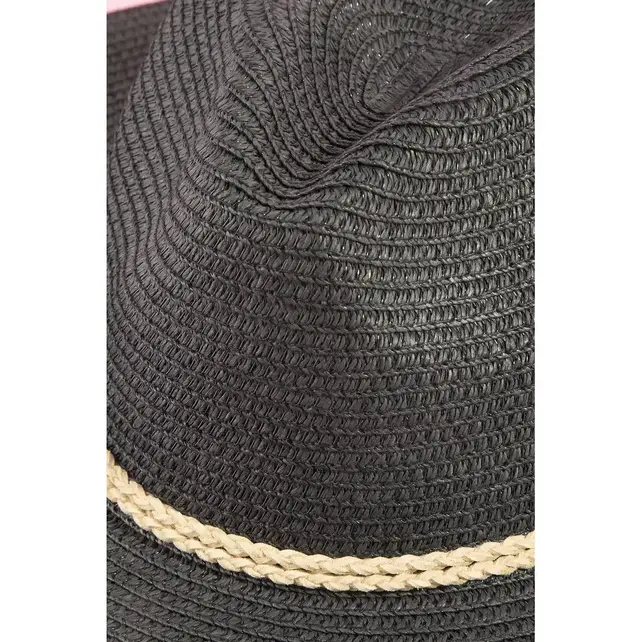 Straw Wide Brim Braided Band Fedora Hat - Black