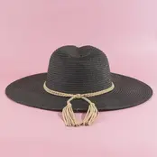 Straw Wide Brim Braided Band Fedora Hat - Black