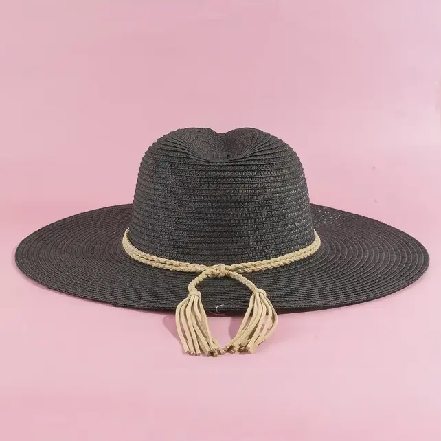 Straw Wide Brim Braided Band Fedora Hat - Black