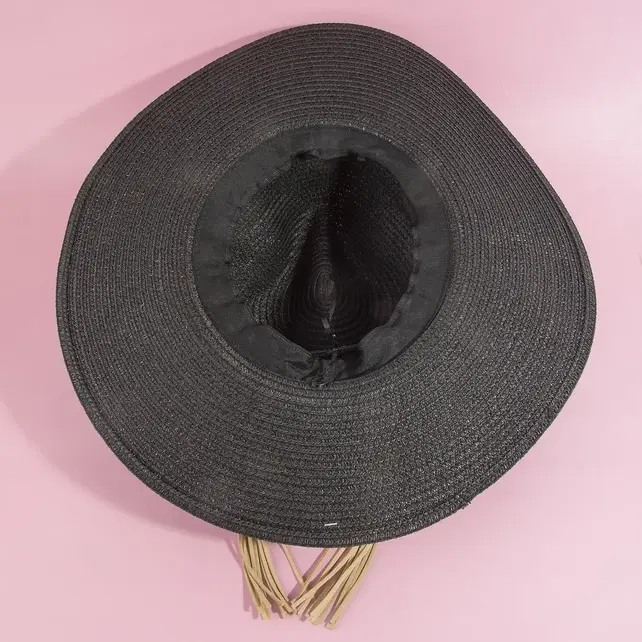 Straw Wide Brim Braided Band Fedora Hat - Black