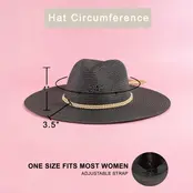 Straw Wide Brim Braided Band Fedora Hat - Black