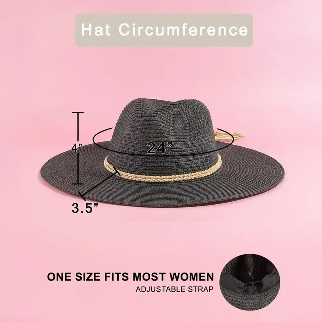 Straw Wide Brim Braided Band Fedora Hat - Black