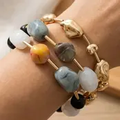 Irregular Metallic and Acrylic Beaded Bracelet Set - Grey