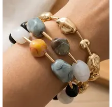 Irregular Metallic and Acrylic Beaded Bracelet Set - Grey