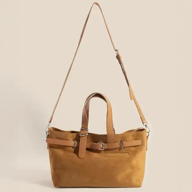 Leather Buckle Strap Detail Tote Bag - Light Brown