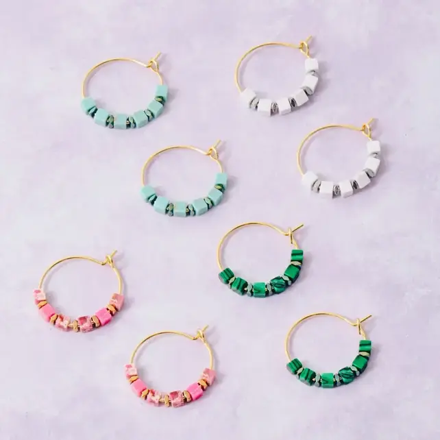 Stone Cube Beads Hoop Earrings - Turquoise