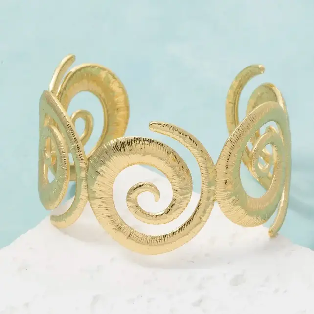 Textured Spiral Wave Cuff Bracelet - Gold
